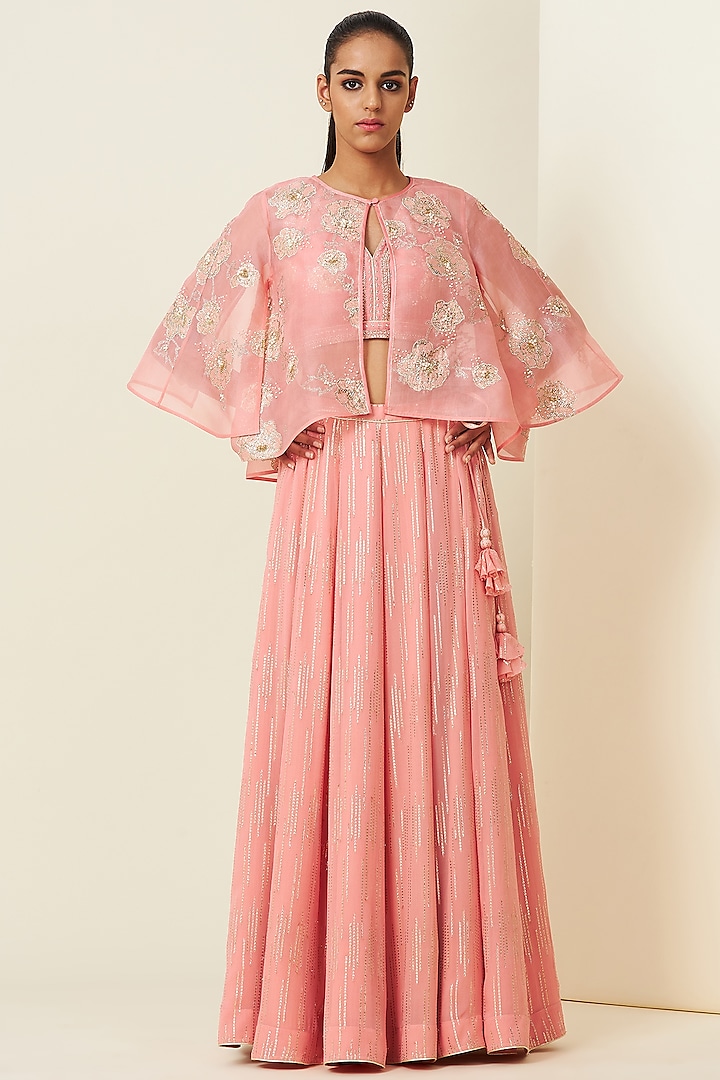 Sunset Pink Chanderi Wedding Lehenga Set With Cape by VIAM at Pernia's Pop Up Shop