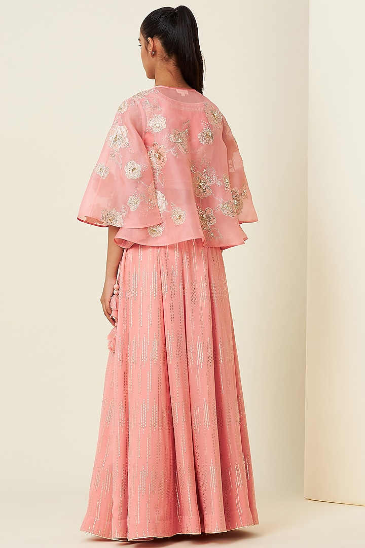 Sunset Pink Chanderi Wedding Lehenga Set With Cape by VIAM at Pernia's Pop Up Shop