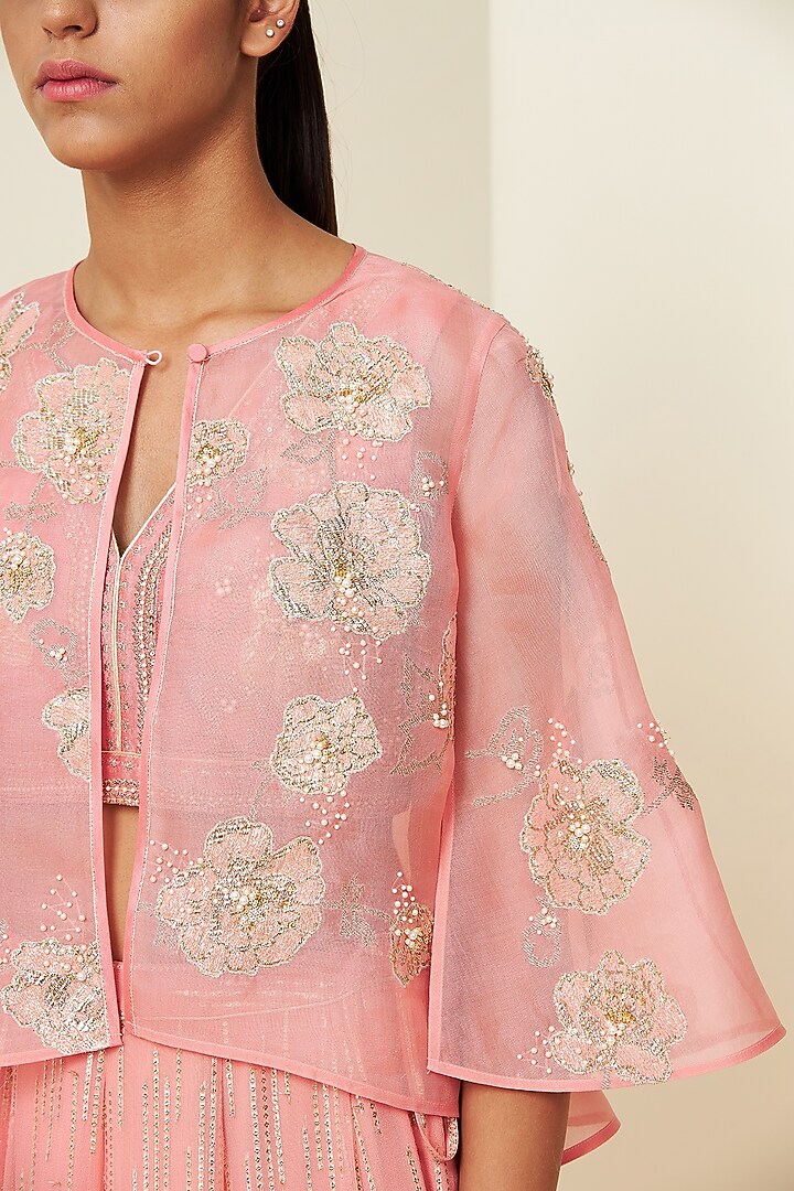 Sunset Pink Chanderi Wedding Lehenga Set With Cape by VIAM at Pernia's Pop Up Shop