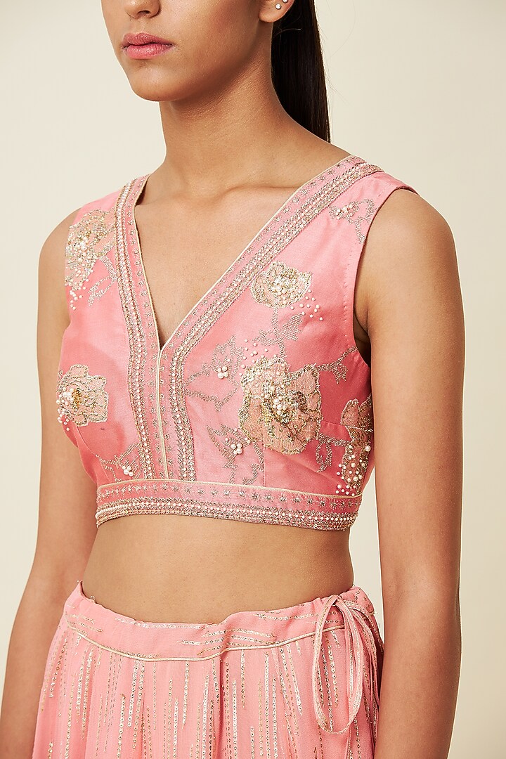Sunset Pink Chanderi Wedding Lehenga Set With Cape by VIAM at Pernia's Pop Up Shop