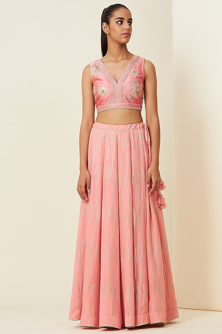 Sunset Pink Chanderi Wedding Lehenga Set With Cape by VIAM at Pernia's Pop Up Shop