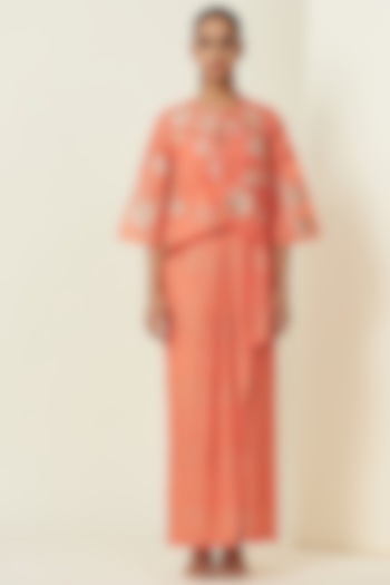 Coral Tulle Draped Kurta Set With Cape by VIAM at Pernia's Pop Up Shop