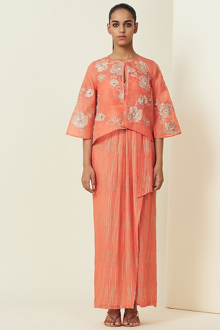 Coral Tulle Draped Kurta Set With Cape by VIAM at Pernia's Pop Up Shop