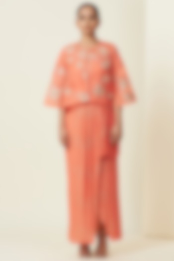 Coral Silk Organza Draped Kurta With Cape by VIAM at Pernia's Pop Up Shop