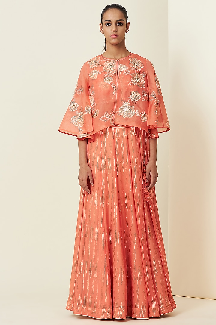 Coral Chanderi Wedding Lehenga Set With Cape by VIAM at Pernia's Pop Up Shop