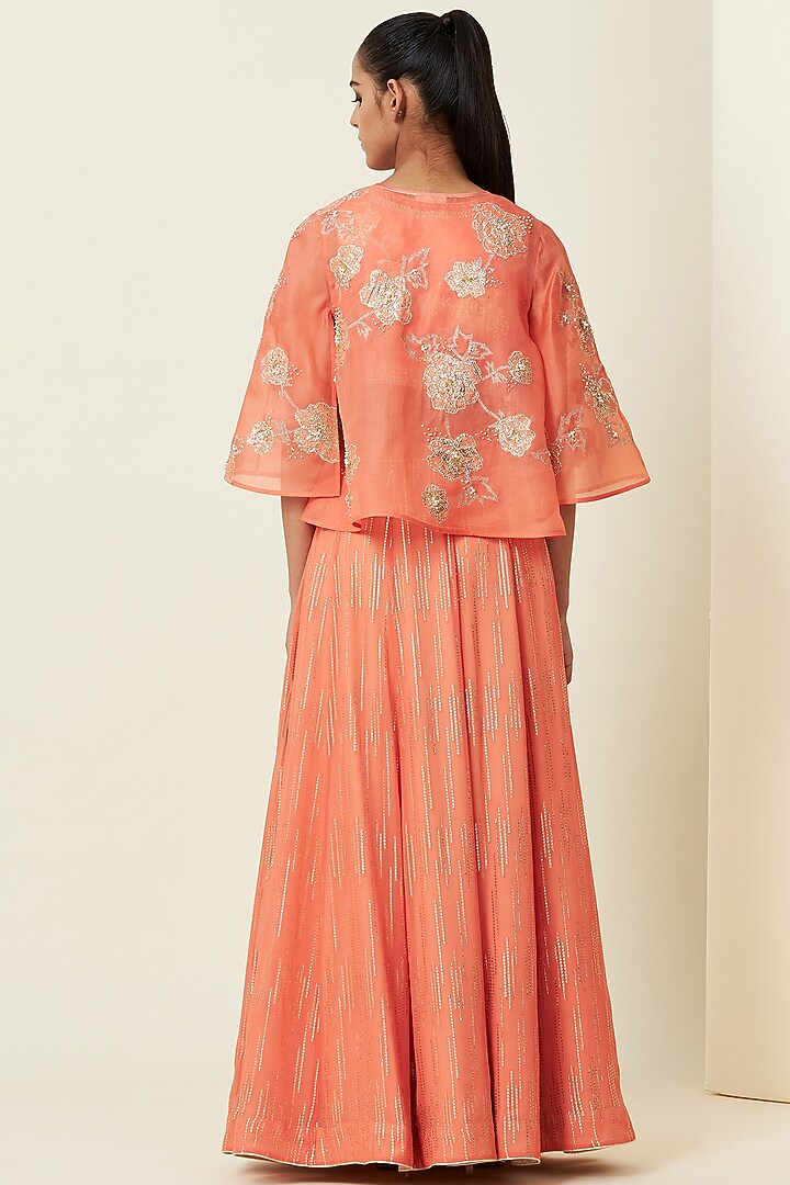 Coral Chanderi Wedding Lehenga Set With Cape by VIAM at Pernia's Pop Up Shop