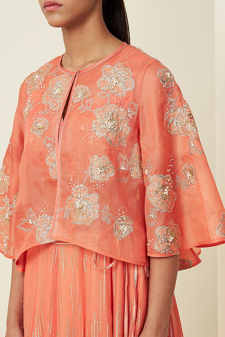 Coral Chanderi Wedding Lehenga Set With Cape by VIAM at Pernia's Pop Up Shop