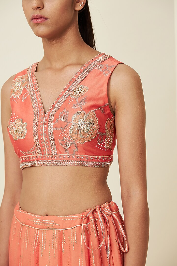 Coral Chanderi Wedding Lehenga Set With Cape by VIAM at Pernia's Pop Up Shop