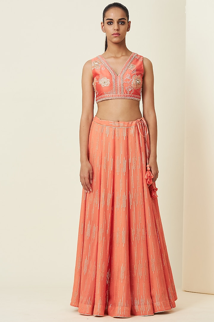 Coral Chanderi Wedding Lehenga Set With Cape by VIAM at Pernia's Pop Up Shop