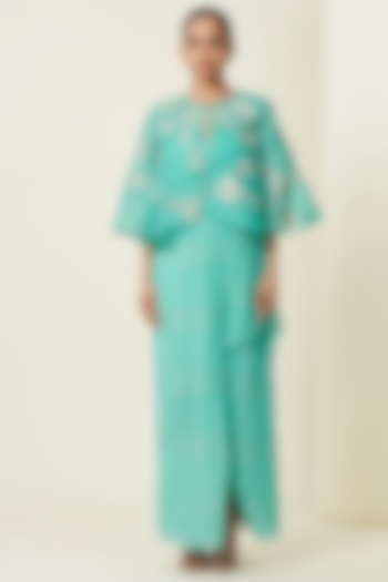 Aqua Tulle Draped Kurta Set With Cape by VIAM at Pernia's Pop Up Shop