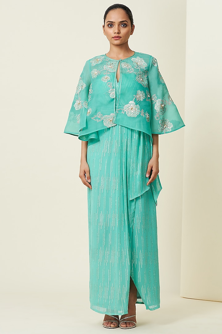 Aqua Tulle Draped Kurta Set With Cape by VIAM at Pernia's Pop Up Shop