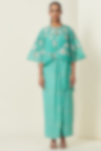 Aqua Silk Organza Draped Kurta With Cape by VIAM at Pernia's Pop Up Shop