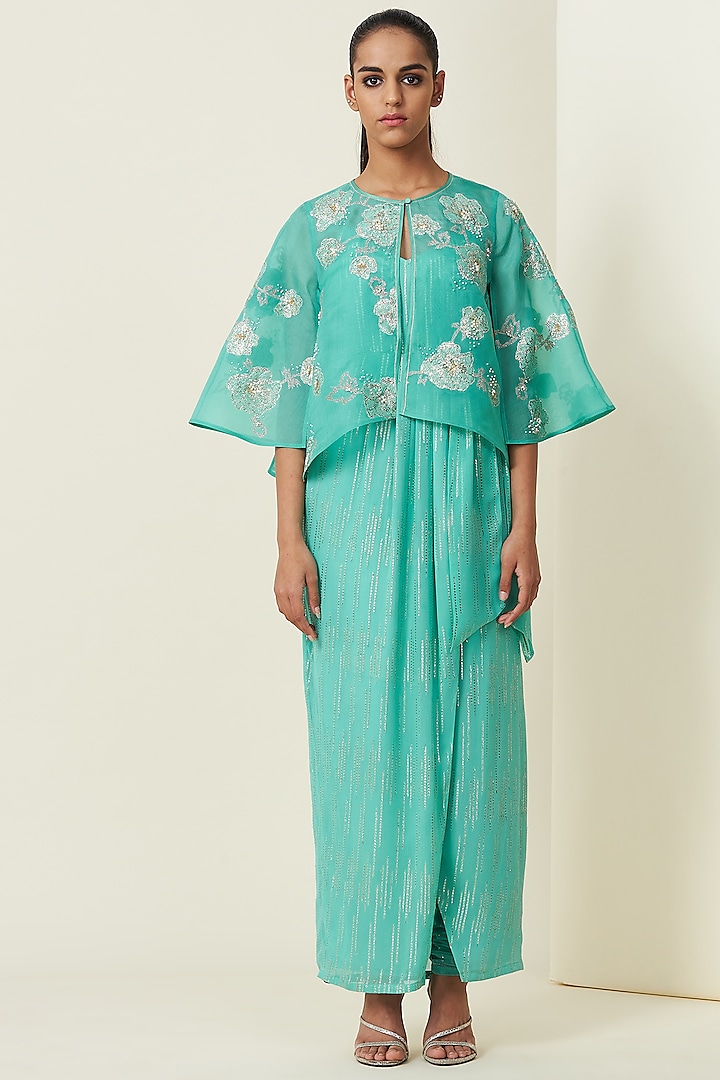 Aqua Silk Organza Draped Kurta With Cape by VIAM at Pernia's Pop Up Shop