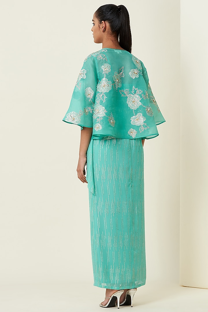 Aqua Silk Organza Draped Kurta With Cape by VIAM at Pernia's Pop Up Shop