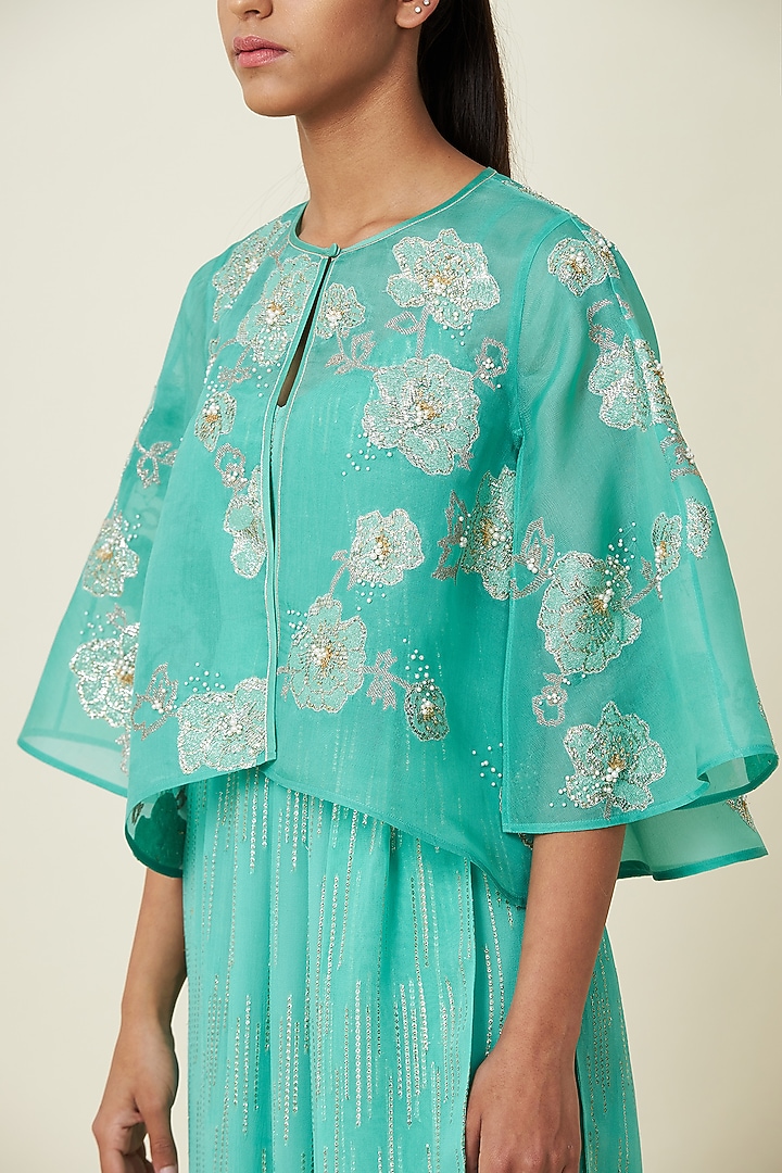 Aqua Silk Organza Draped Kurta With Cape by VIAM at Pernia's Pop Up Shop