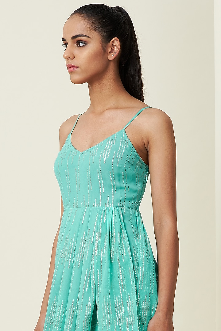 Aqua Silk Organza Draped Kurta With Cape by VIAM at Pernia's Pop Up Shop