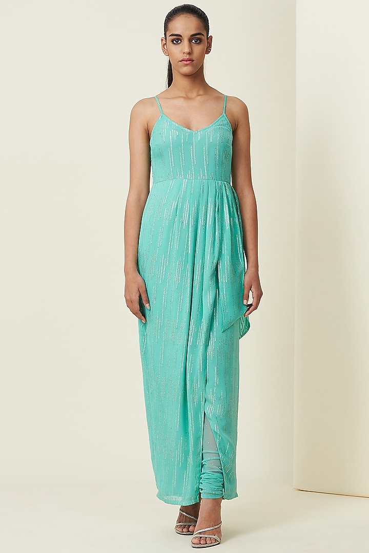 Aqua Silk Organza Draped Kurta With Cape by VIAM at Pernia's Pop Up Shop