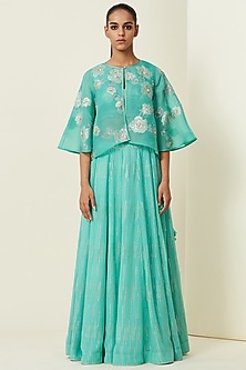 Aqua Chanderi Lehenga Set With Cape by VIAM-VIAM