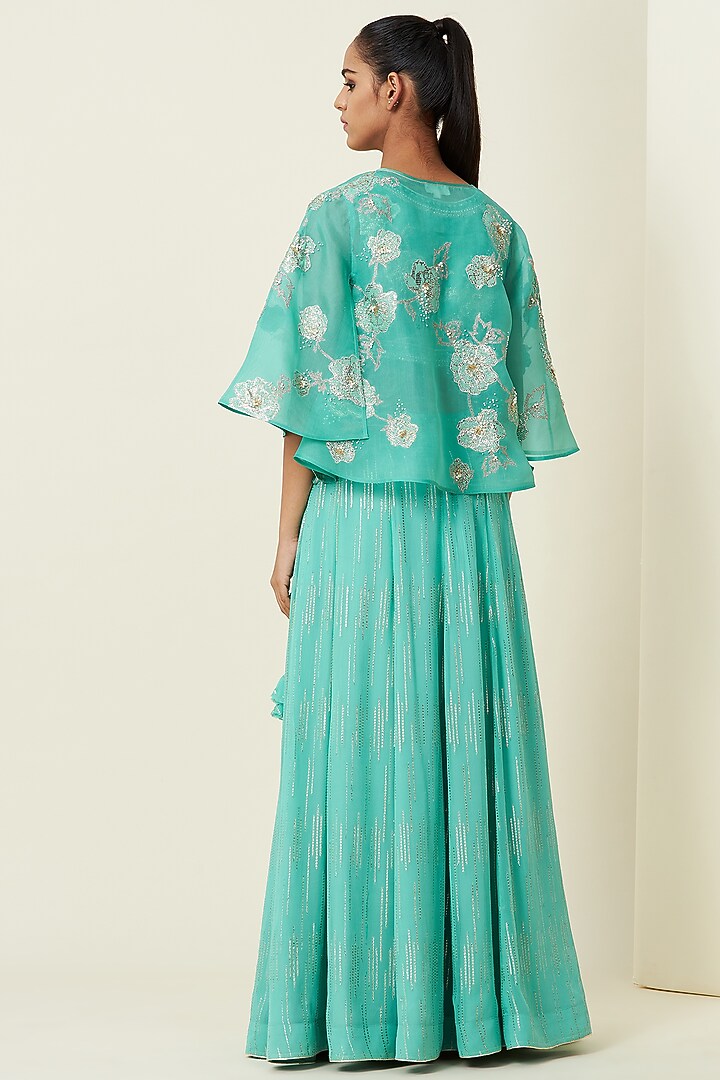Aqua Chanderi Wedding Lehenga Set With Cape by VIAM at Pernia's Pop Up Shop