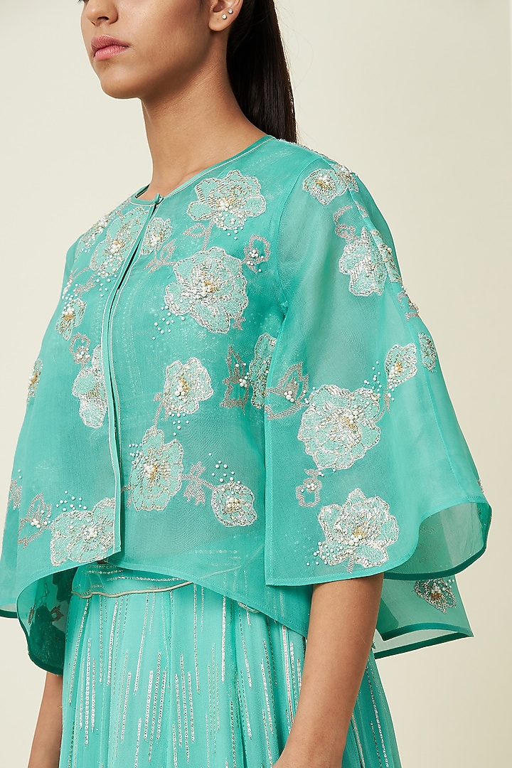 Aqua Chanderi Wedding Lehenga Set With Cape by VIAM at Pernia's Pop Up Shop