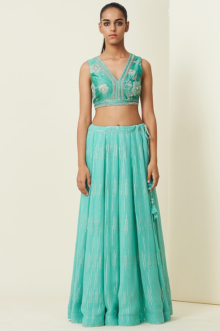 Aqua Chanderi Wedding Lehenga Set With Cape by VIAM at Pernia's Pop Up Shop