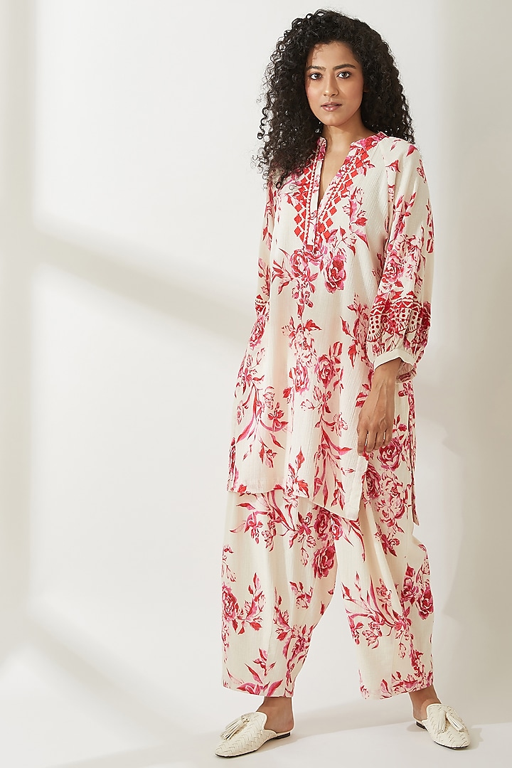Pink Printed & Embroidered Tunic by VIAM