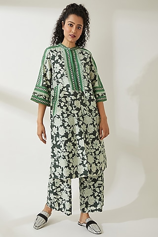 Green Floral Printed Sherwani by VIAM