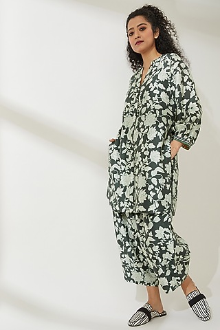 Green Cotton Silk Printed Trousers by VIAM
