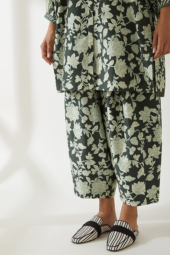 Green Cotton Silk Printed Trousers by VIAM at Pernia's Pop Up Shop