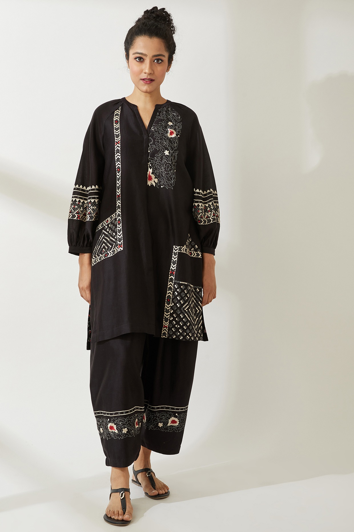 Black Cotton Silk Embroidered Trousers 