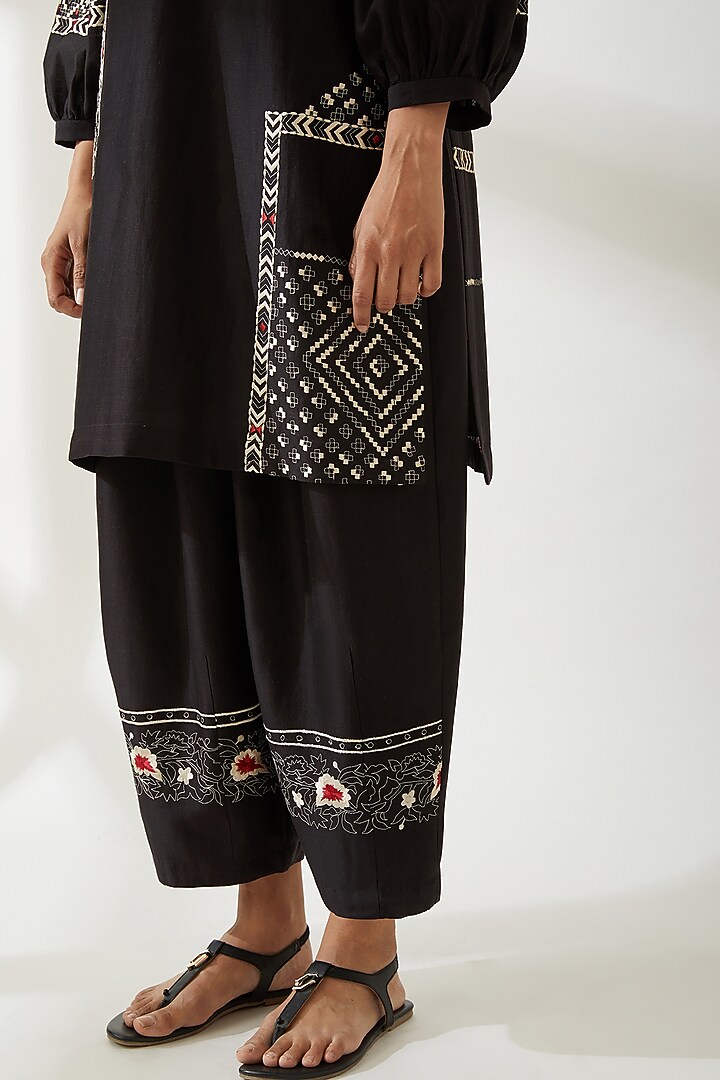 Black Cotton Silk Embroidered Trousers by VIAM at Pernia's Pop Up Shop