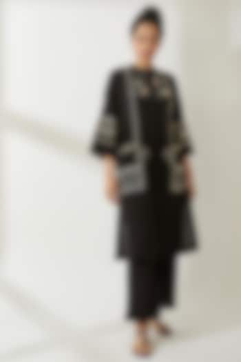 Black Cotton Silk Straight Cut Pants by VIAM at Pernia's Pop Up Shop