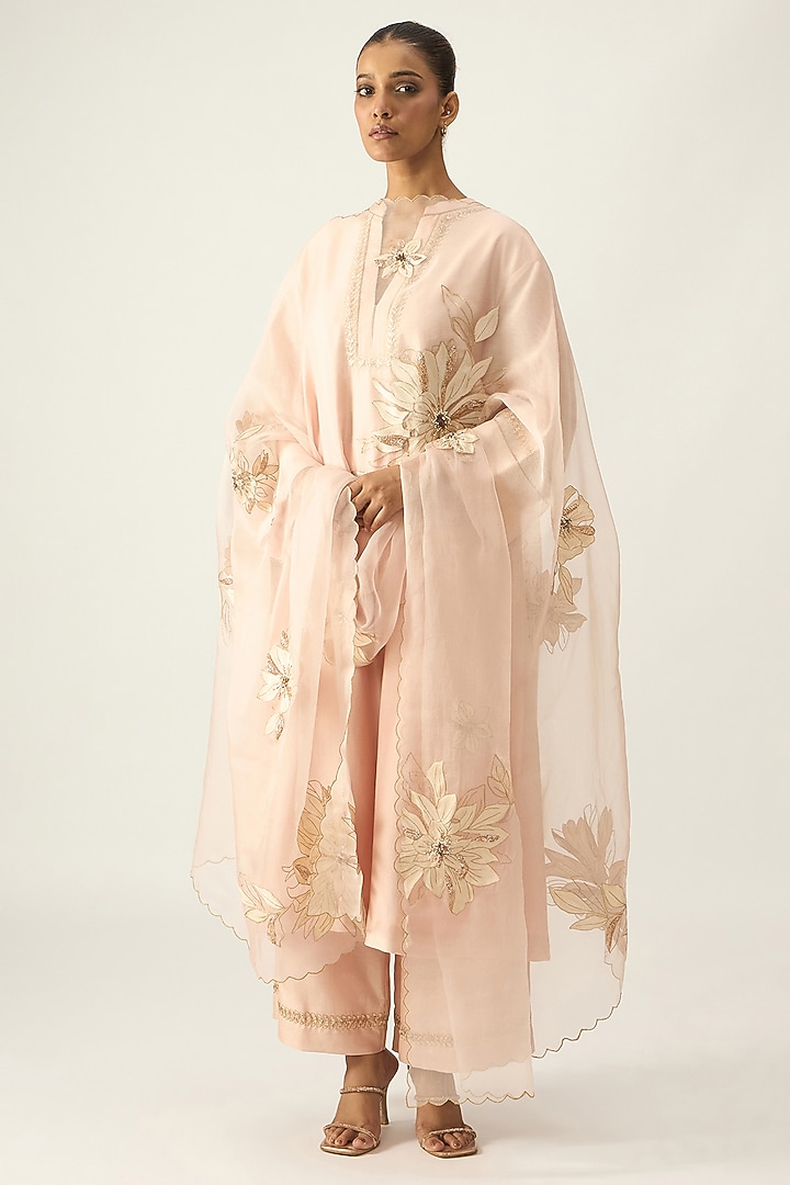 Pearl Pink Chanderi Hand Embroidered Kurta Set by Viam at Pernia's Pop Up Shop