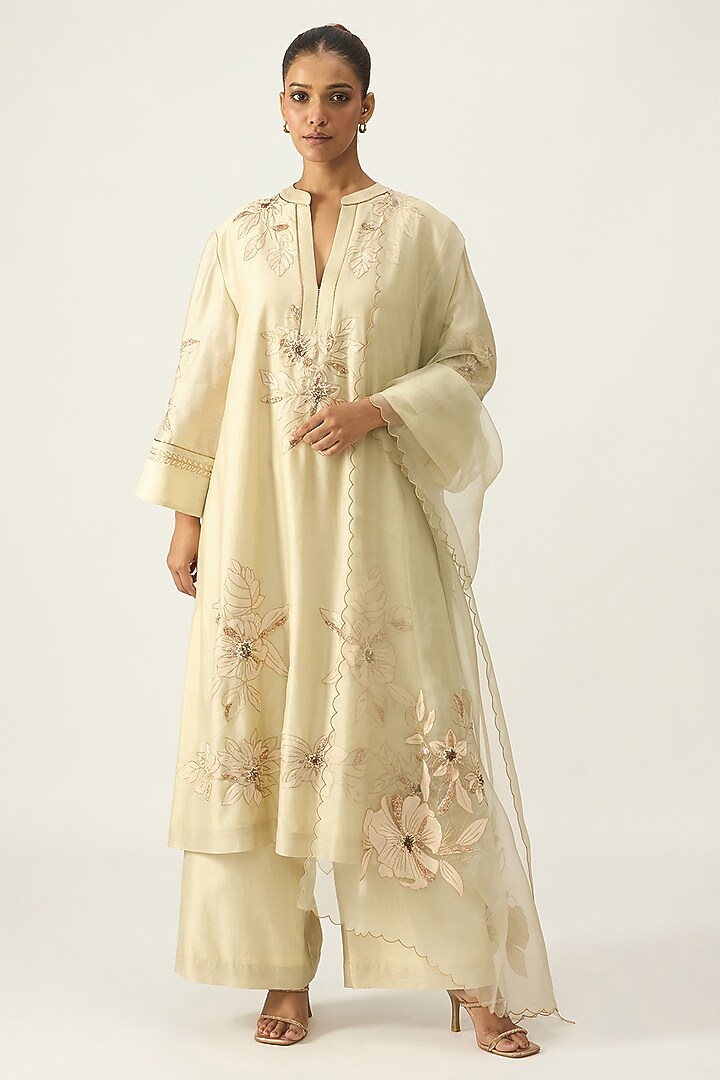 Pistachio Chanderi Hand Embroidered Kurta Set by Viam at Pernia's Pop Up Shop