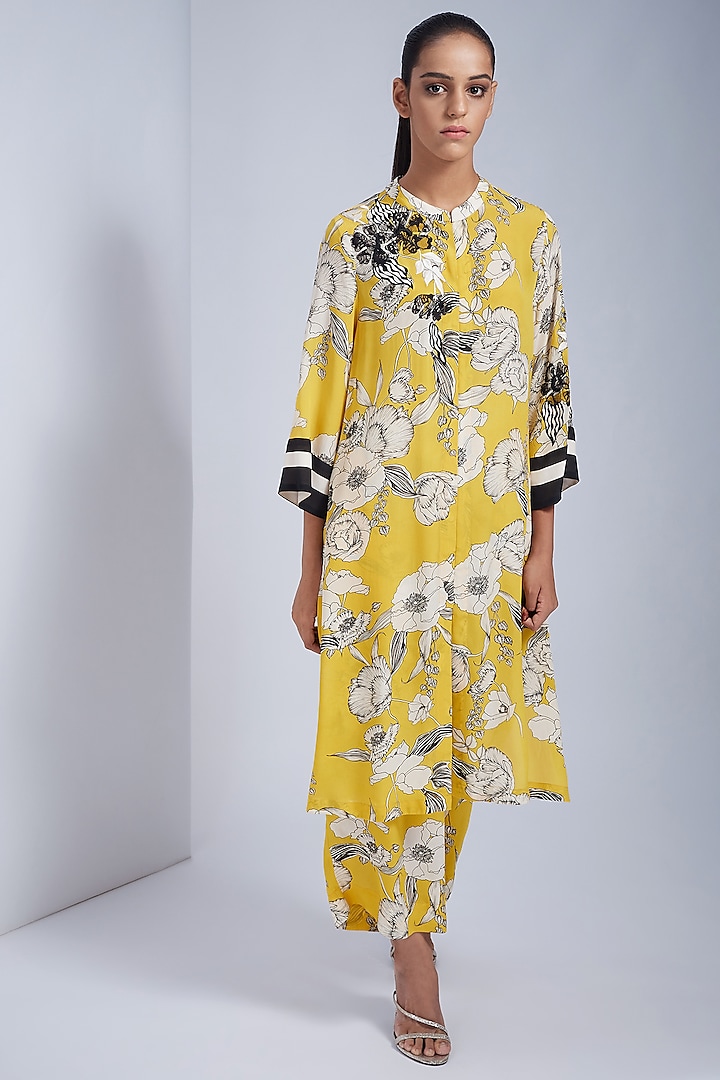 Canary Yellow Floral Printed Sherwani Set by VIAM