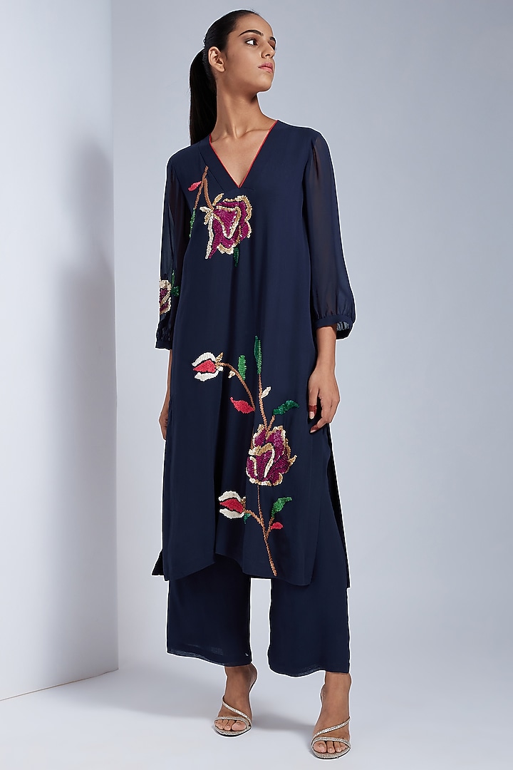 Blue Hand Embroidered Kurta Set by VIAM at Pernia's Pop Up Shop