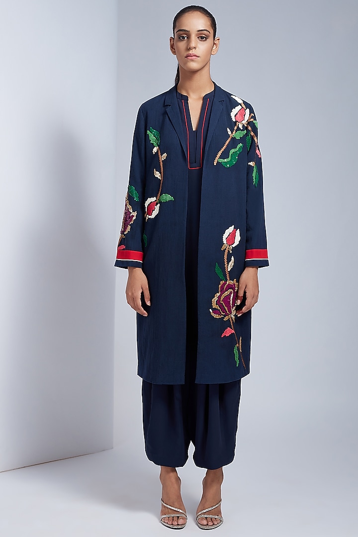 Blue Hand Embroidered Trench Coat by VIAM