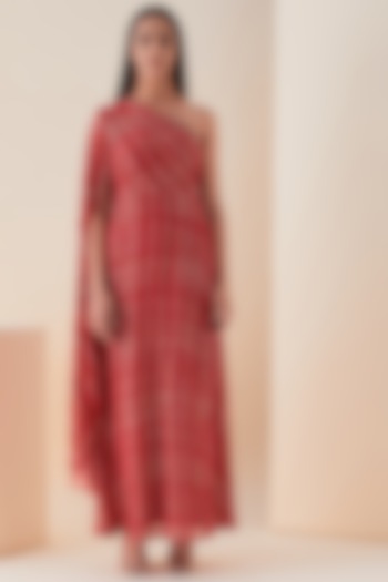 Cadmium Red Metallic Embroidered Gown Saree by VIAM