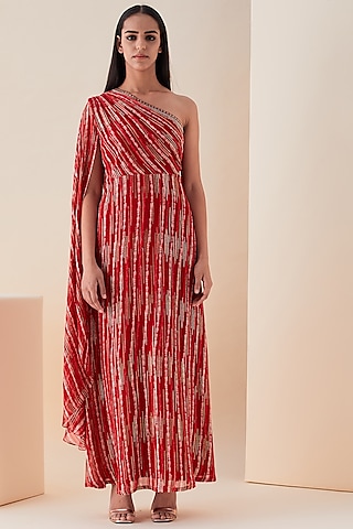 Cadmium Red Metallic Embroidered Gown Saree by VIAM