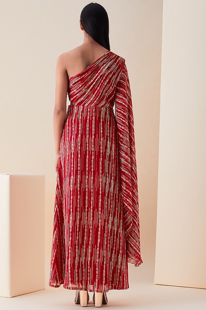 Cadmium Red Metallic Embroidered Party Wear Gown Saree by VIAM at Pernia's Pop Up Shop