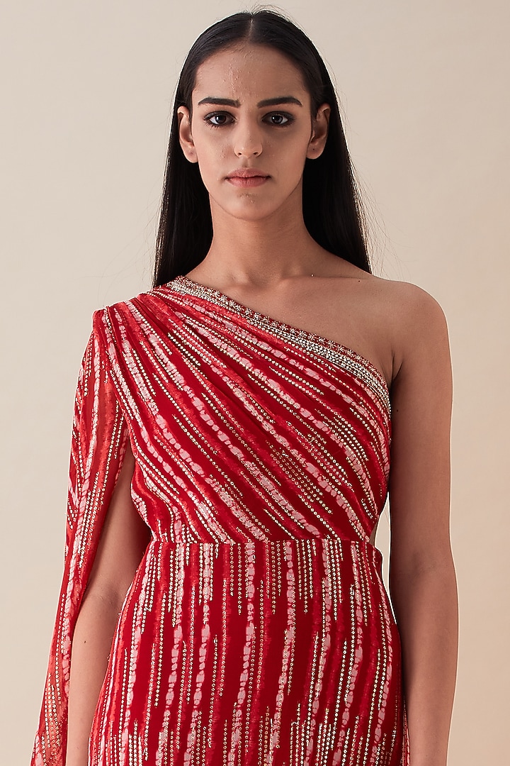 Cadmium Red Metallic Embroidered Party Wear Gown Saree by VIAM at Pernia's Pop Up Shop