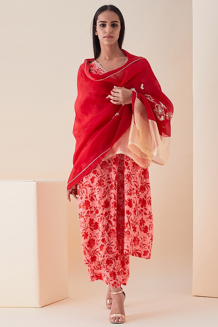 Cadmium Red Hand Embroidered Dupatta by VIAM
