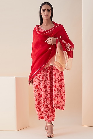 Cadmium Red Hand Embroidered Dupatta by VIAM