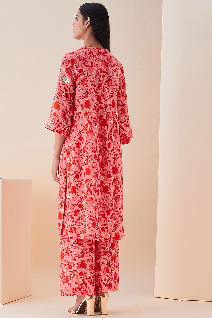 Coral & Red Hand Embroidered Sherwani Set by VIAM at Pernia's Pop Up Shop