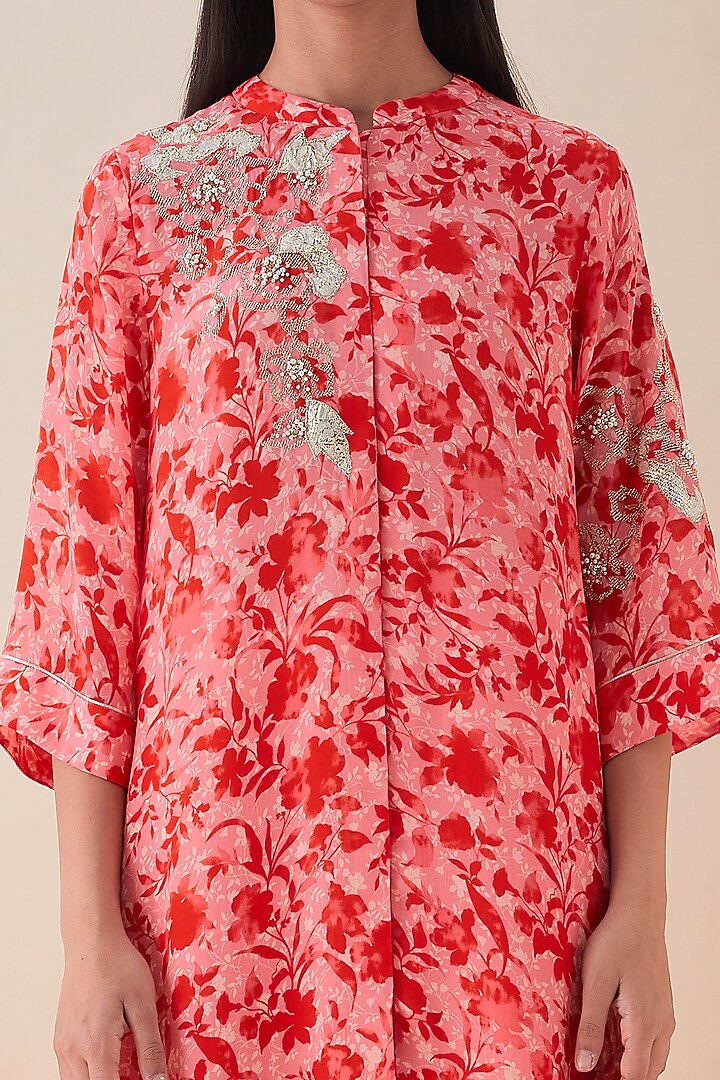 Coral & Red Hand Embroidered Sherwani Set by VIAM at Pernia's Pop Up Shop