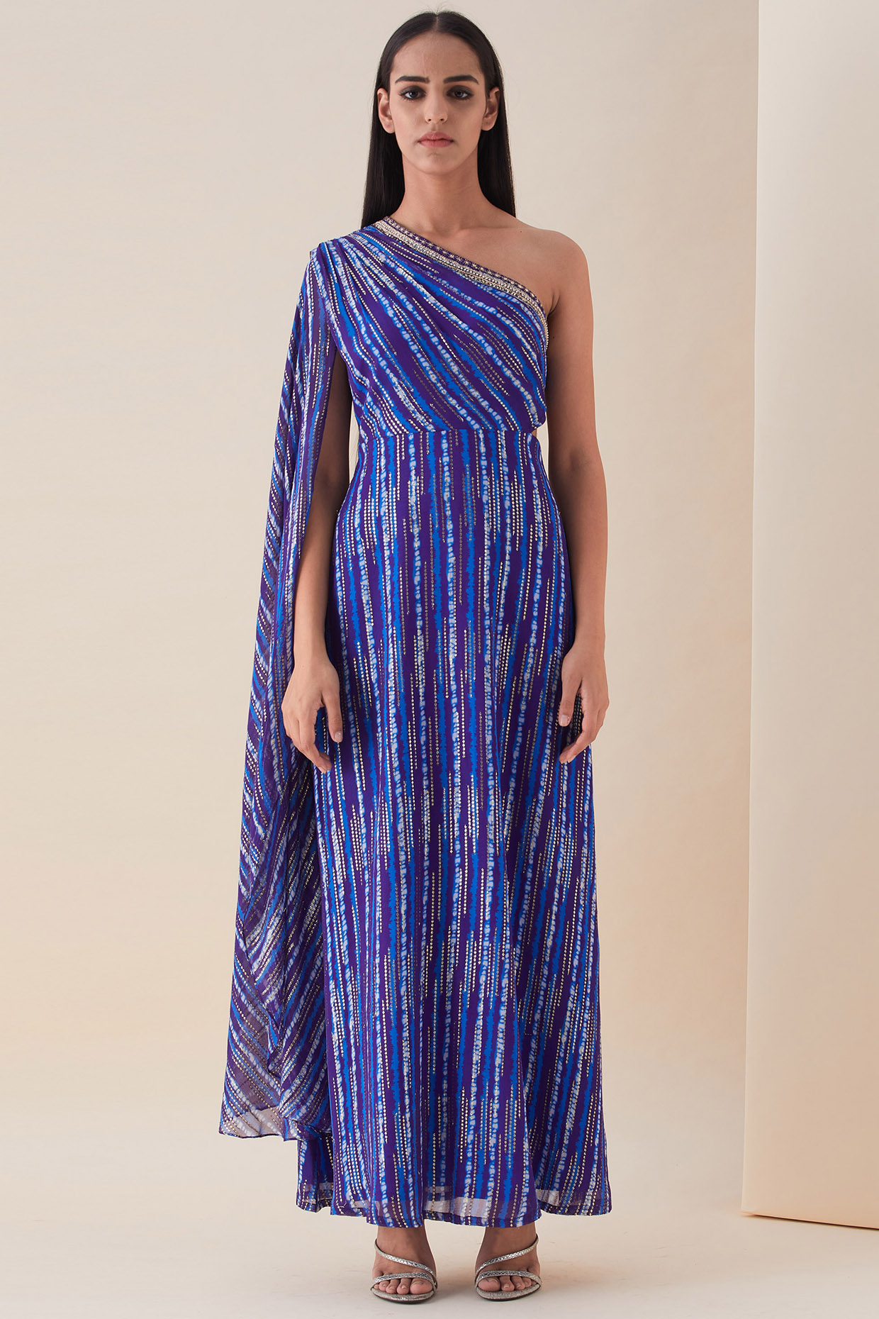 Deep Blue Metallic Embroidered Party Wear Gown Saree by VIAM at Pernia's Pop Up Shop