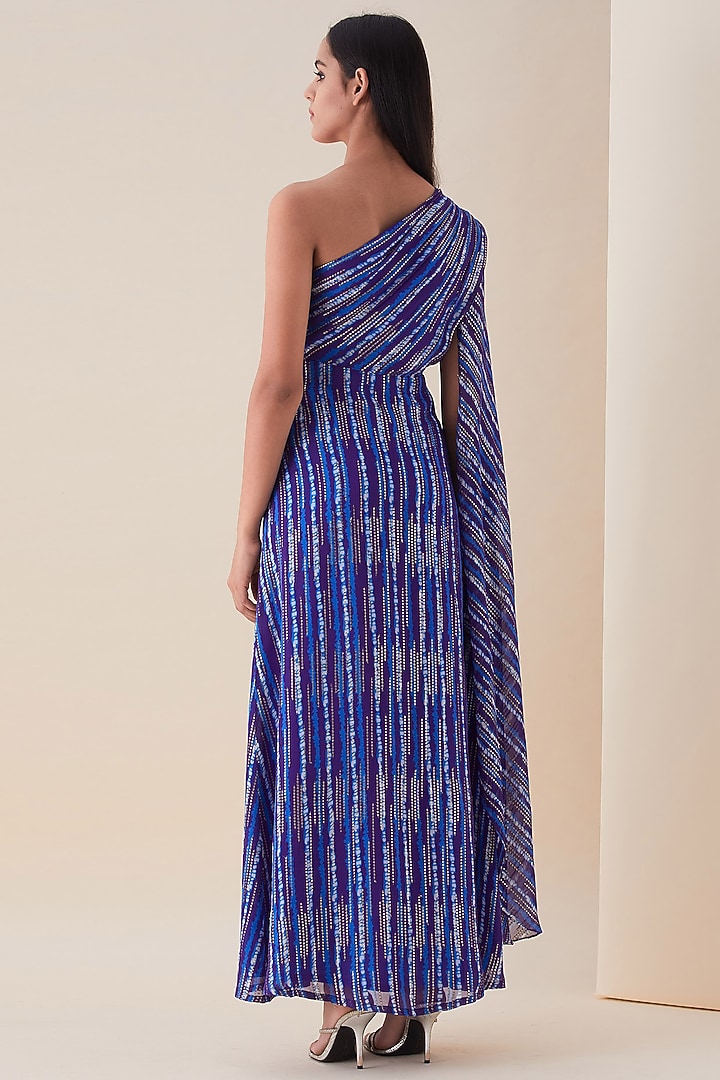 Deep Blue Metallic Embroidered Party Wear Gown Saree by VIAM at Pernia's Pop Up Shop