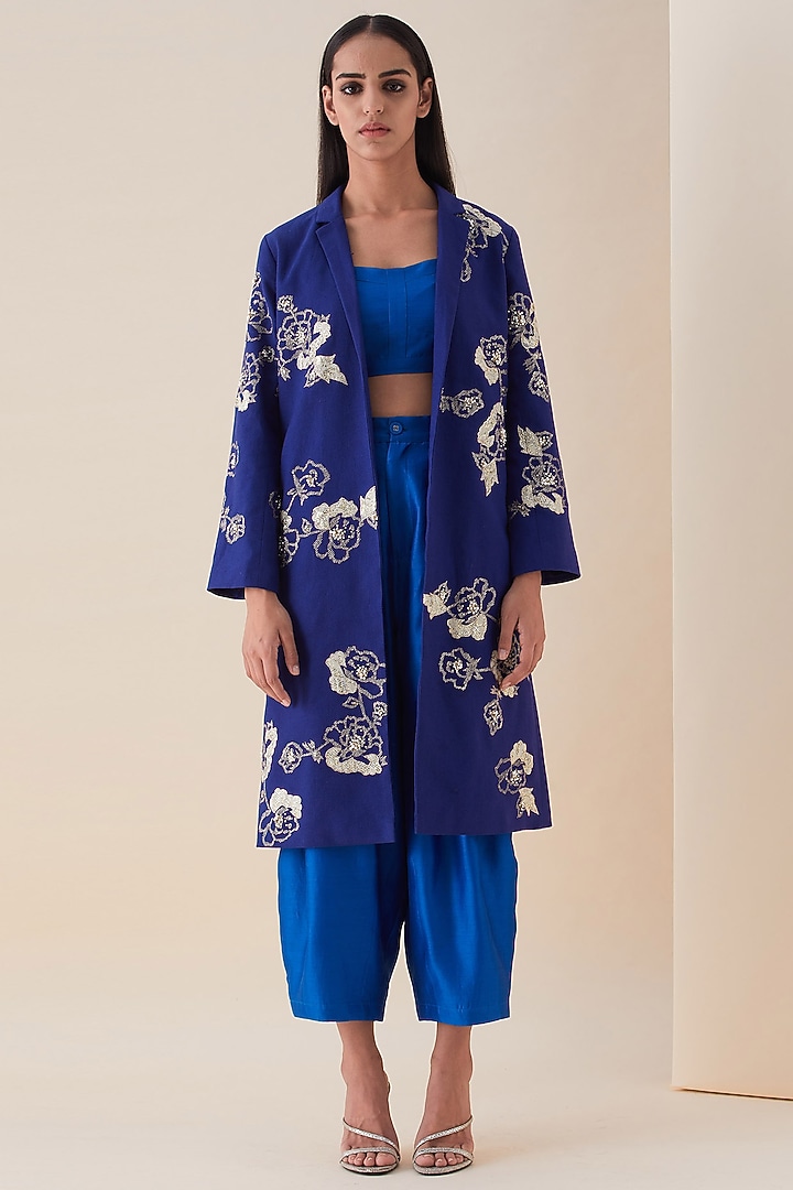 Dull Cobalt Blue Hand Embroidered Jacket Set by VIAM at Pernia's Pop Up Shop