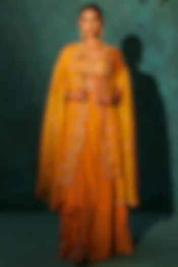 Yellow Pure Silk Gota-Patti Embroidered Cape Set by Vinita Bhansali at Pernia's Pop Up Shop