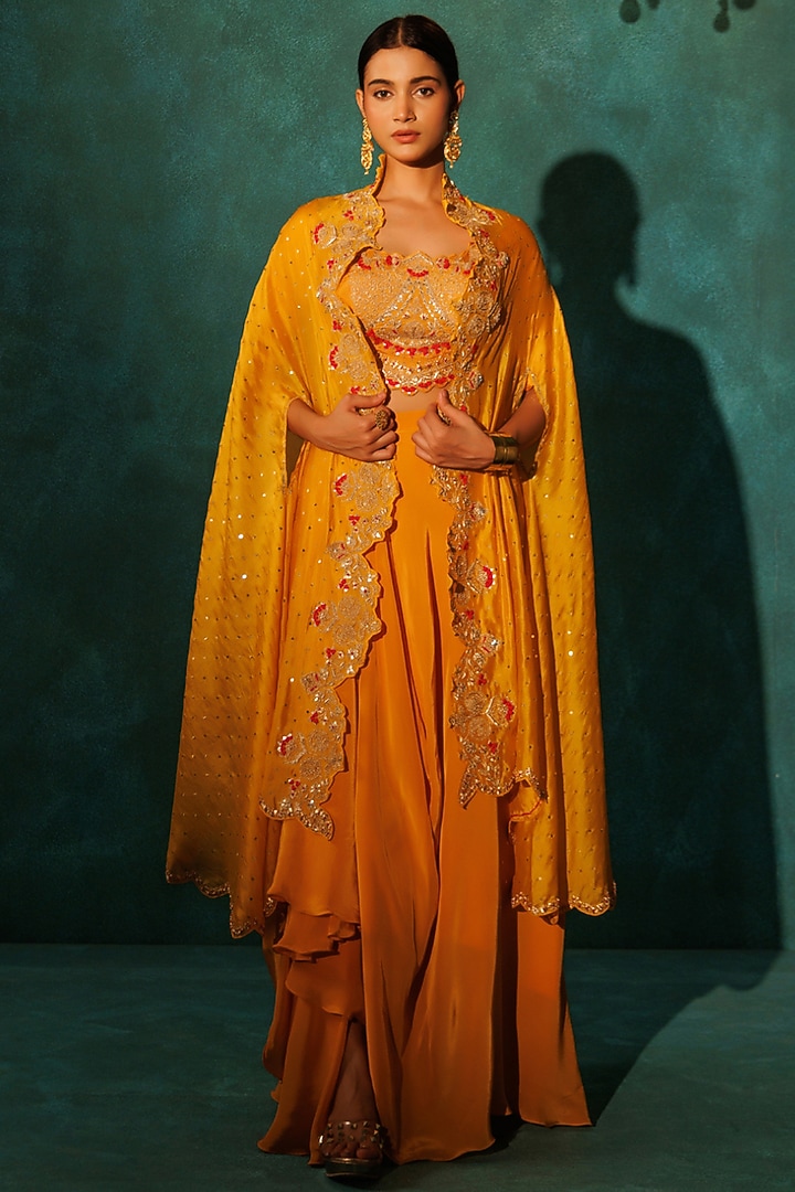 Yellow Pure Silk Gota-Patti Embroidered Cape Set by Vinita Bhansali at Pernia's Pop Up Shop